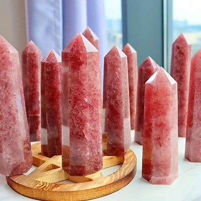 #ad Natural Strawberry Quartz Healing Crystal Tower Point Obelisk Home Decoration