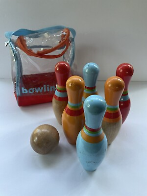 #ad #ad Wooden Bowling Ball Set 6 Pins 1 Ball Carrying Case Kids Childs Toy Play Wonder