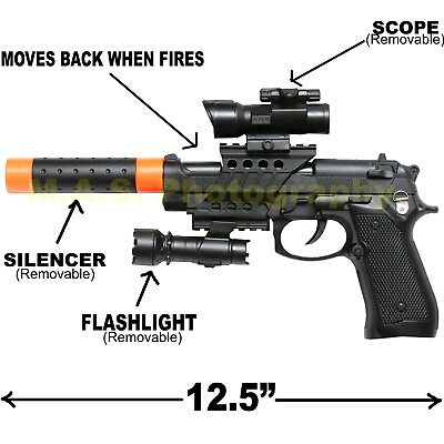 Black Gun Toy With Flashlight FX Sounds M9 Police Pistol 13 Inches