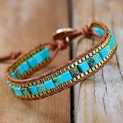 #ad Natural Turquoise Beads Handmade Healing Reiki Chakra Women Bangle Cuff Bracelet
