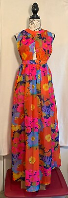 Amazing Vintage 1970s Bold Floral Print CHUCK HOWARD Sleeveless Maxi Dress Small