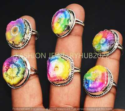 #ad Solar Quartz Druzy Gemstone Handmade Rings 100pcs Lot 925 Silver Plated Jewelry