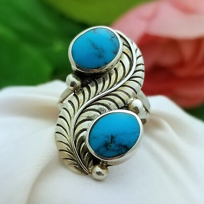 #ad Silver Turquoise Feather Ring Sterling 10mm Stone 1#x27;#x27; Length Vintage Natural