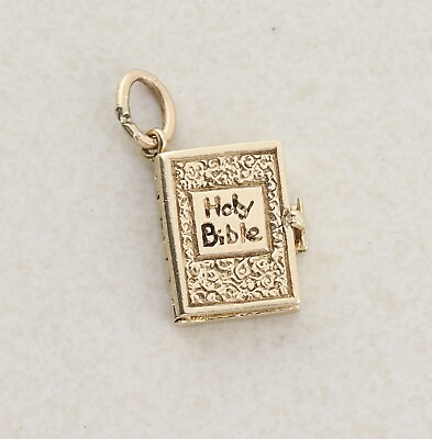 #ad 14k Yellow Gold Holy Bible Opens Closes 5 Abbreviated Scriptures Pendant Charm