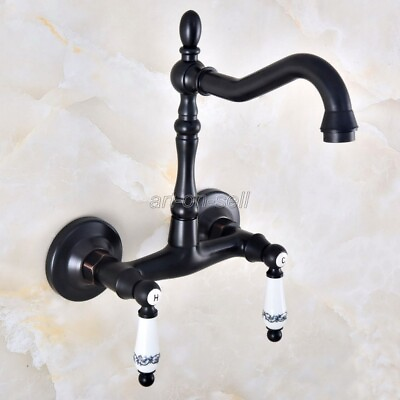 Oil Rubbed Brass Ceramic Handles Wall Mount Sink Faucet Bathroon Basin Mixer Tap