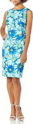 #ad Calvin Klein Elegant Blue Floral Scuba Starburst Sheath Sleeveless Dress Size 4