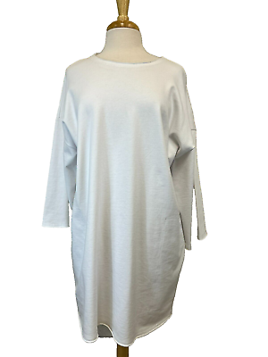 #ad Eileen Fisher White Cotton Sweatshirt Shift Dress Tunic 3 4 Drop Shoulder SZ L