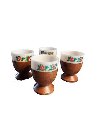 Vintage Egg Cups Plastic Retro Faux Wood Rose Pattern Set of 4 SKU R0378
