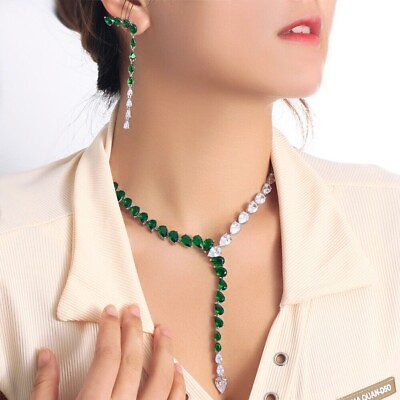 #ad Drop Long Earrings Necklace Women Lab Created Emerald amp; Cz Silver Jewelry Set