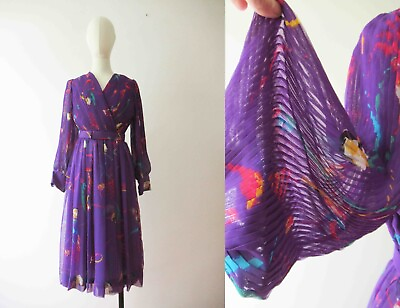 #ad Vintage 70s Handmade Purple Floral Micro Pleated Dress Small Medium