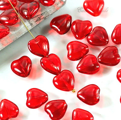 #ad Heart Beads 12X11mm Transparent Red Glass Beads Czech Beads 15 Beads