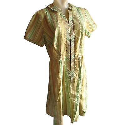 #ad 12 Vintage 1960#x27;s Women#x27;s Dress RUGGED COTTON GREEN STRIPE SHABBY HOUSE CHORE