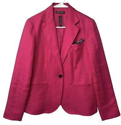 #ad Lauren By Ralph Lauren Barbie Pink 100% Linen Blazer Womens Size 6 Silk Hankie