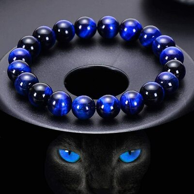 Natural Handmade Blue Tiger Eye Bracelet Beads Stretch Bracelet Gemstone Beaded