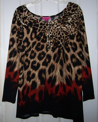 #ad Max amp; Rina Size PM Animal Cheetah Stretch Petite Shirt Top Tunic 1 4 Zip Studded