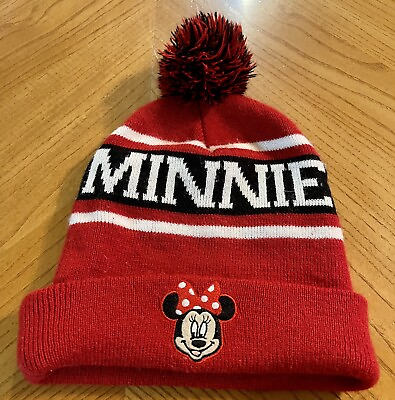 #ad #ad Disney Minnie Mouse Adult Knit Hat Patch Pom Pom Red White Black Stripes U4