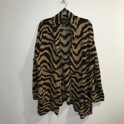 #ad Hand Knit for Ralph Lauren Cardigan Sweater Sz XL Extra Large Linen Zebra Brown