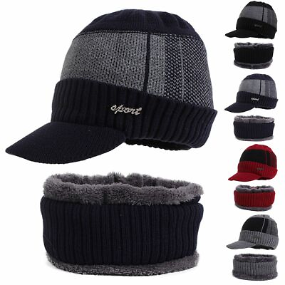 #ad Winter Mens Warm Hat Knit Visor Beanie Fleece Lined Billed Beanie with Brim Cap