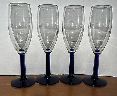 Luminarc France Champagne Flutes Clear Cobalt Blue Stem Vintage Set Of 4 Paneled