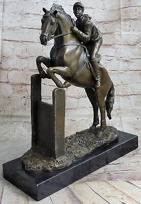 #ad VERY LARGE SOLID BRONZE EQUESTRIAN HORSE WITH JOCKEY ON WALNUT BASE RARE