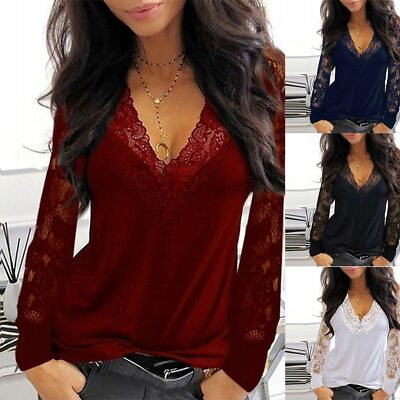 #ad ⭐⭐⭐⭐⭐Women#x27;s Lace V Neck T Shirt Loose Casual Blouse Long Sleeve Summer Tops