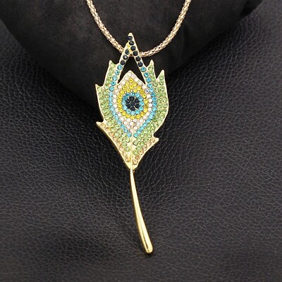 #ad Fashion Multicolor Crystal Peacock Feather Pendant Women Sweater Necklace Brooch