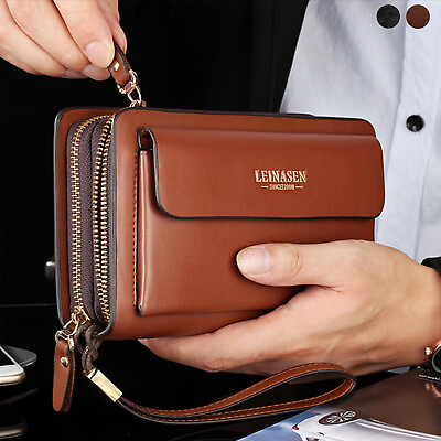 Mens Long Wallet Leather Zipper Large Phone Holder Bag Business Clutch Handbag