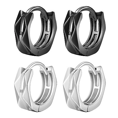 #ad Mens Small Hoops Earrings Geometric Rhombus Surface Huggies Stainless Steel