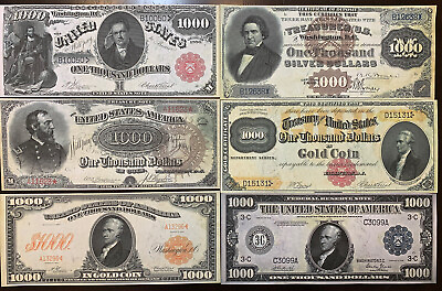 Reproduction Set 1880 1918 $1000 Bills 6 Notes USA Banknotes Currency Read Below
