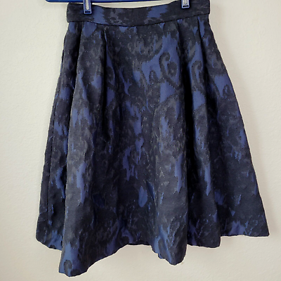 #ad Hamp;M Womens Flared Skirt Black Blue Brocade Size 6 Pleated Buckle Detail Pockets