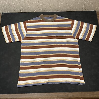 #ad #ad Vintage 70s California Surf Style Striped T Shirt Yellow Navy Blue Brown XL 60s