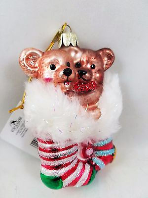 #ad Teddy Bear in Stocking Love Glass Christmas Ornament Glittered Nobel Gems NEW