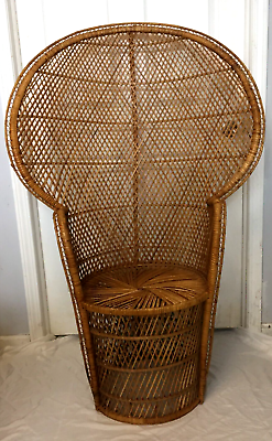 Vintage Boho MCM Modern Peacock Throne Chair Hand Crafted Wicker Full Size 53”