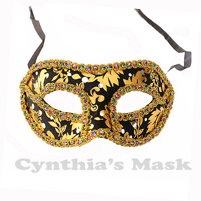 #ad Black and Gold Venetian Masquerade Mask w Rainbow Trim Party Prom Mardi Gras