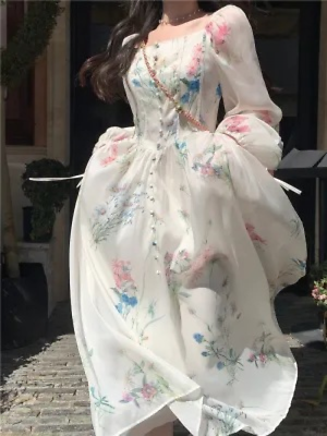 #ad Women#x27;s French Dress Fish Bone Slim Print First Love Fairy Tea Break Long Dress