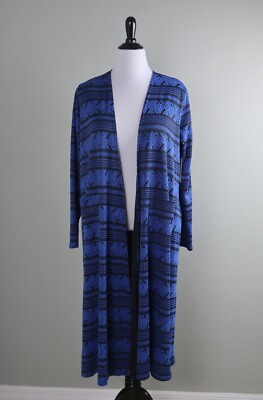 #ad LULAROE NWT Stretch Textured Black Blue Geo Sarah Sweater Top Size Large