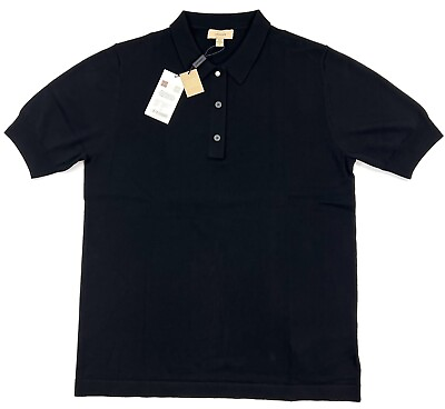 #ad NEW Burberry Uniform Polo Shirt Mens Large Black Wool Short Sleeve Sweater