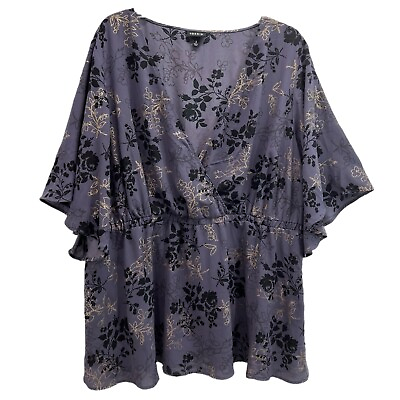 #ad Torrid Babydoll Blouse Size 3 Floral Purple Short Flutter Sleeve Tunic Top 3X