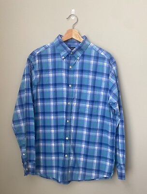 #ad Roundtree amp; Yorke Mens Casual Button Up Shirt Long Sleeve Blue Plaid Size Medium