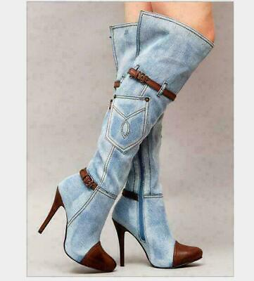 #ad Womens Sexy Denim Over Knee Thigh Boots Stilettos High Heel Pointed Boots Magic