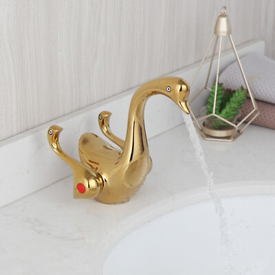 #ad Swan Cute Shape 2 Handles Vessel Sink Gold Mixer Faucet Taps Deck Mounted