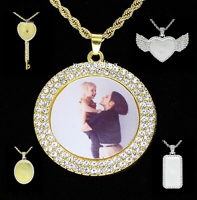 #ad CZ Photo Pendant 14k Gold Plated Stainless Steel Rope Chain Picture Included