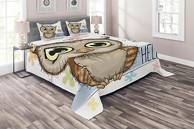 Owls Quilted Coverlet amp; Pillow Shams Set Cartoon Butterfly Hello Print