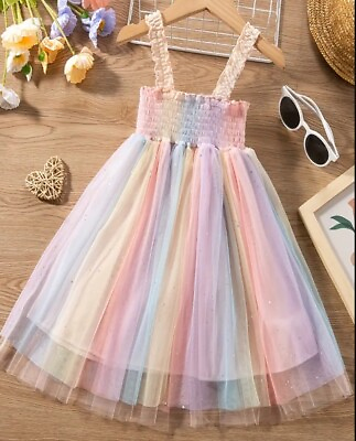 NEW Rainbow Pastel Striped Girls Sleeveless Smocked Glitter Tulle Dress