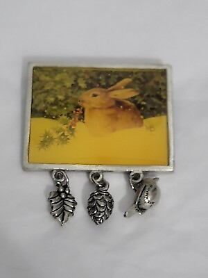 Marjolein Bastin Brooch Pin Bunny Rabbit Holly Berry Pewter Charms 1999 Signed