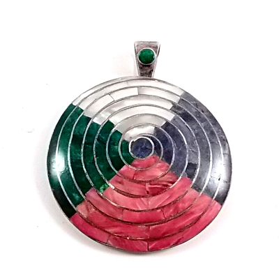 #ad Vintage 950 Sterling Silver Pendant Spiral Peruvian Pachamama Inlaid Stone Slide