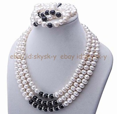#ad 3 Rows Natural White Freshwater Pearl Black Agate Necklaces Bracelet Jewelry Set