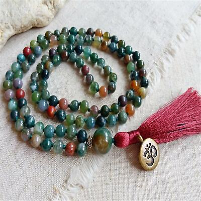 #ad 6mm Moss Agate Gemstone 108 Beads knot Tassel Mala Necklace Yoga Buddhism