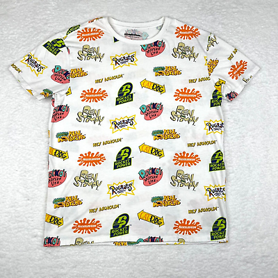 #ad Nickelodeon Shirt Mens Large White Vintage Cartoon All Over Print Short Sleeve