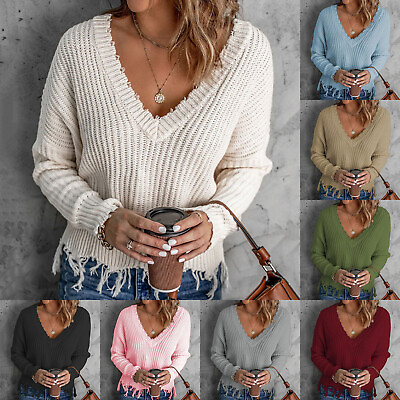 #ad Womens Loose Knitted Sweater Solid V Neck Long Sleeve Pullover Ripped Crop Tops
